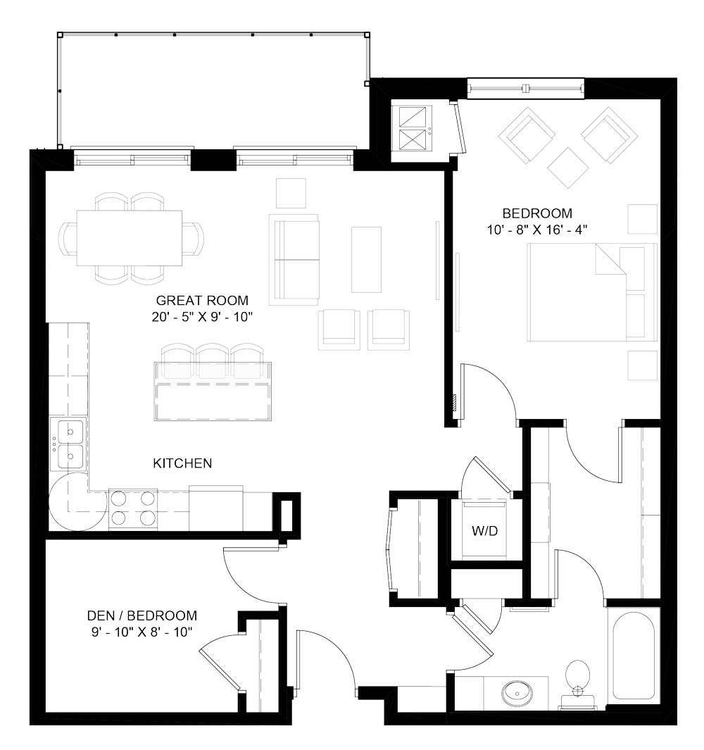 Floor plan for 1 bed, 1 bath, 981 sqft